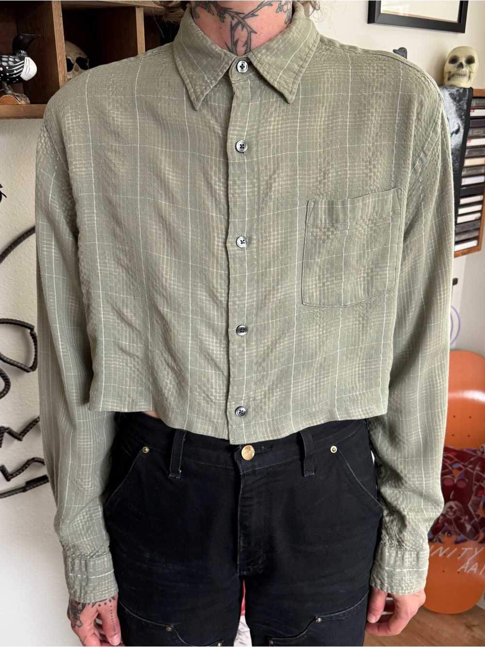 Vintage 90s 2000s Cropped Green Herringbone Seersucker Plaid LS Shirt ~ Size M